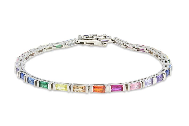 AFFY 14k White Gold Plated 925 Sterling Silver Colourful Rainbow Baguette Sparkling Multi Color Gemstone Tennis Bracelet for Women (6.5, White-gold-plated-silver) - Image 1